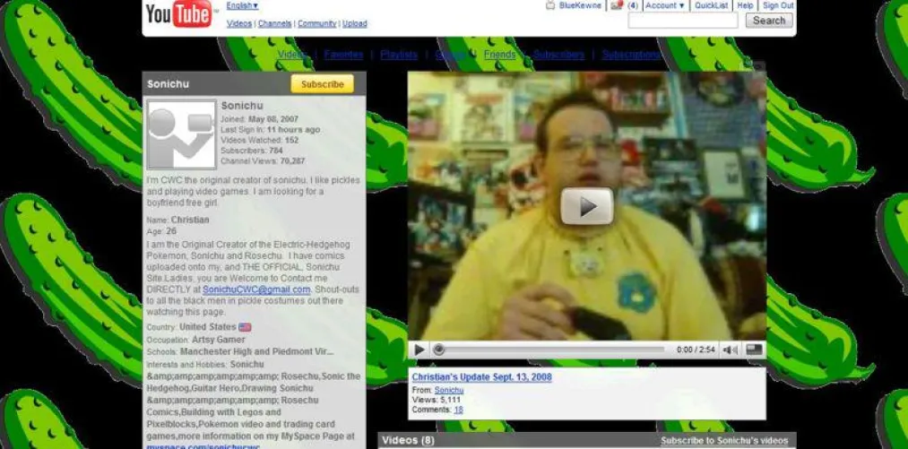 A screenshot of Chris's TRUE and ORIGINAL YouTube channel from 2008, after it got hacked.
