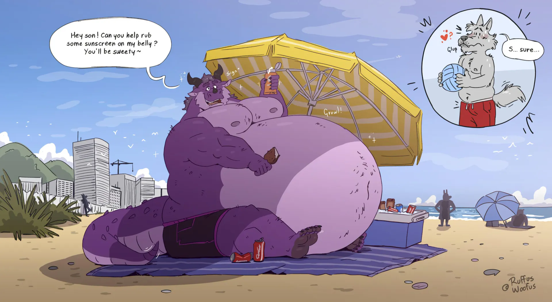 He has such a big and heavy gut that he can't put sunscreen all over his body, luckily a little guy came by ️ (@Ruffus_Woofus)