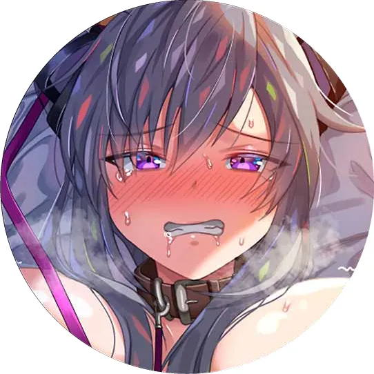 LF Color Source: 1girl, animal collar, arms up, clenched teeth, close-up, face, grey hair, hair between eyes, large breasts, looking at viewer, nose blush, pet play, purple eyes, purple leash, ribbon, saliva, silver hair, sweat