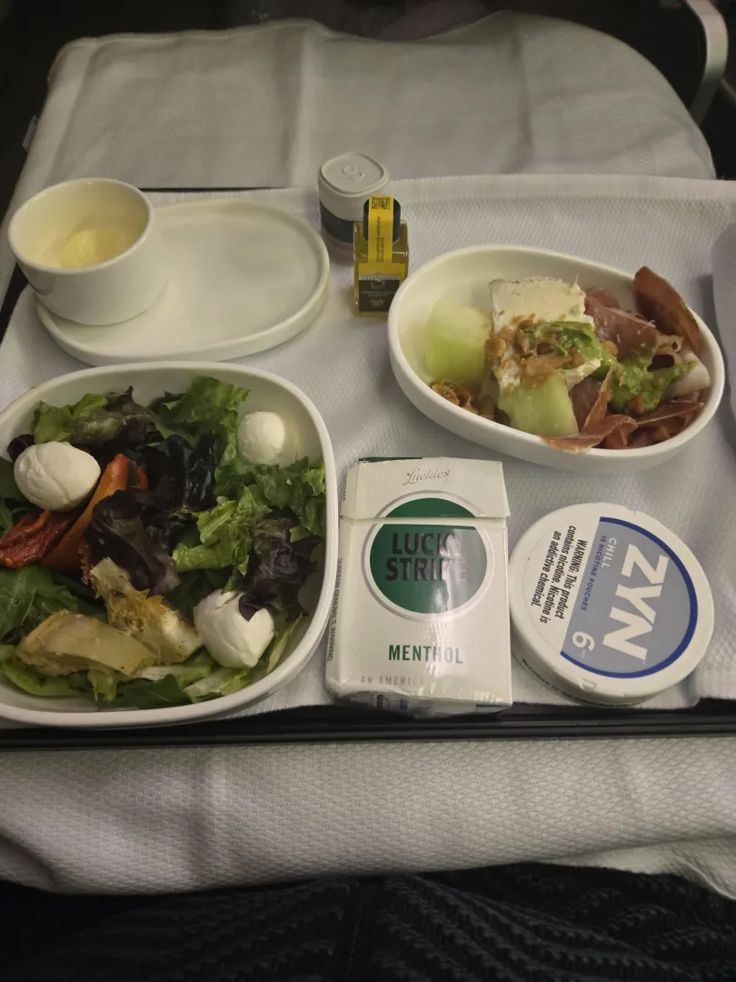 First course on a flight to Ireland. Zyns for the flight. Luckies for the landing.