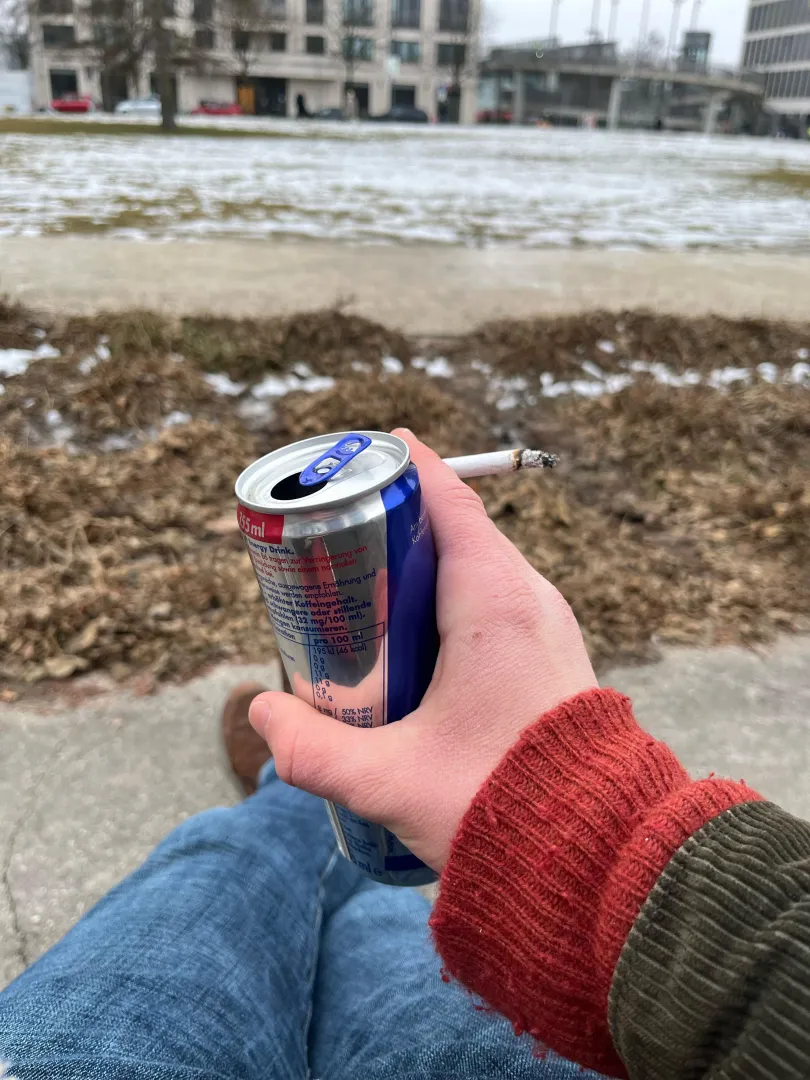 Something about a red bull a cigarette and listening to Bruce Springsteen before work. Just hits the spot