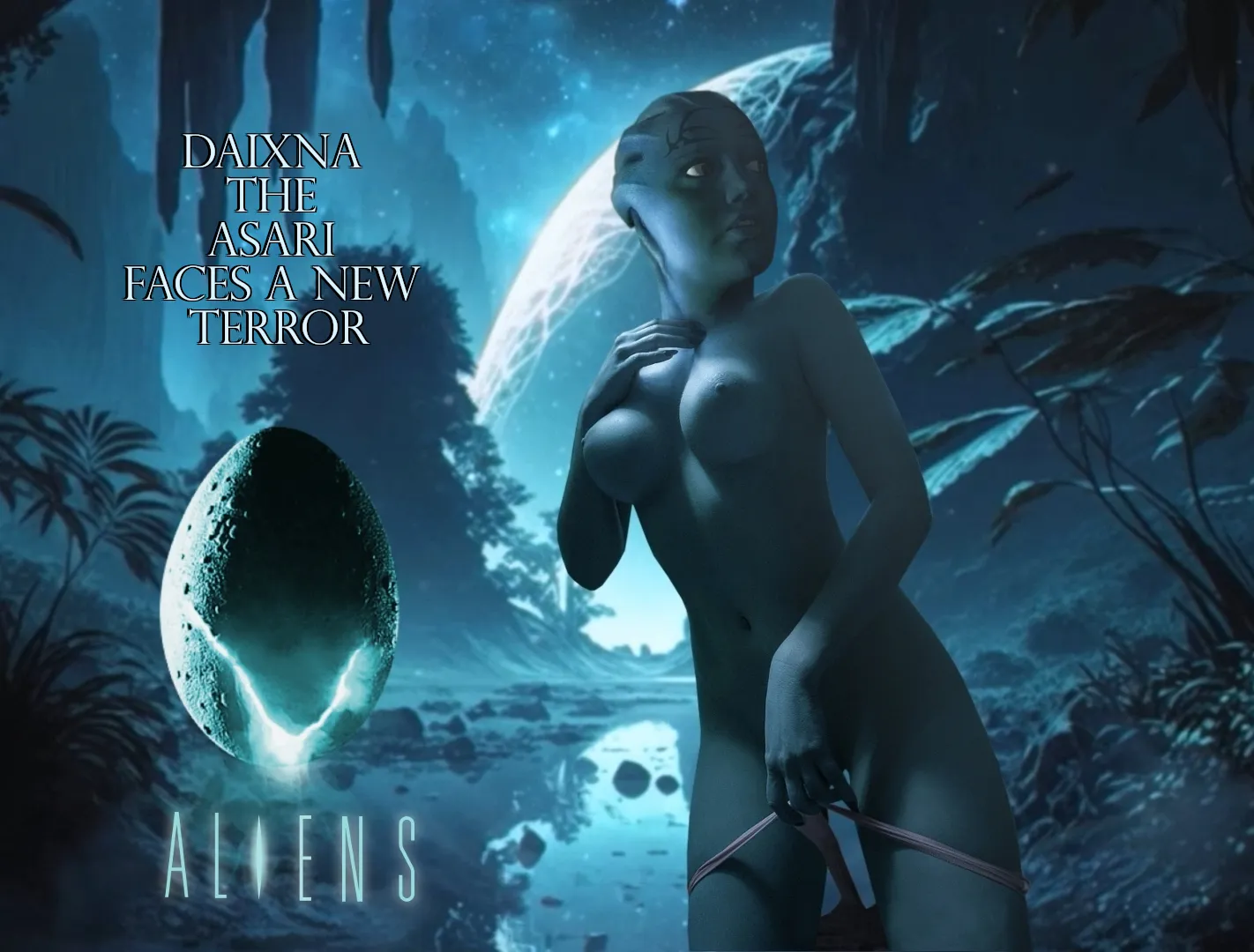 Daixna the Asari test pilot crash lands on a moon. Guess who the tenants are (Rastifan)