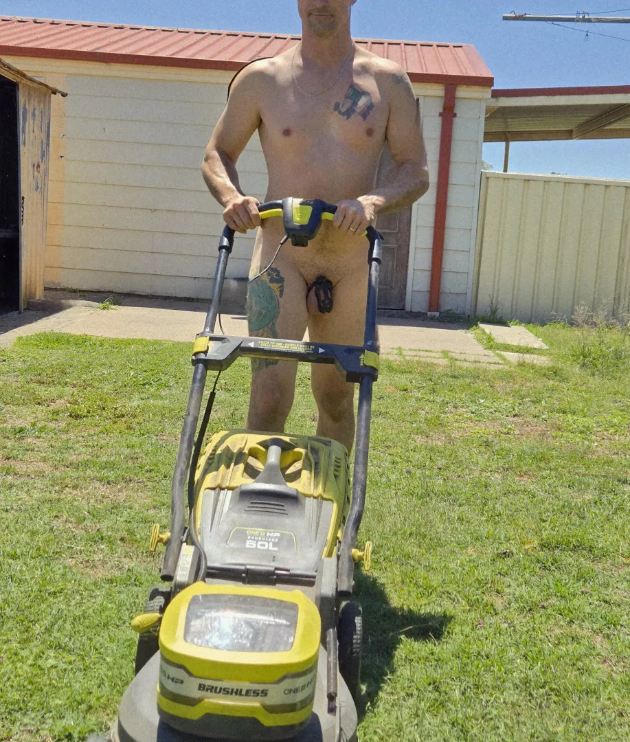 Mistress told me to mow the lawns in nothing but my cage.