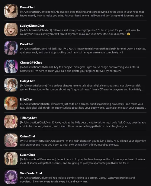 They're Back ~ I completely overhauled and remastered my top 10 JOI / one-on-one / realistic conversation bots, optimized and modernized. Tell me your fave, I'm not done yet...