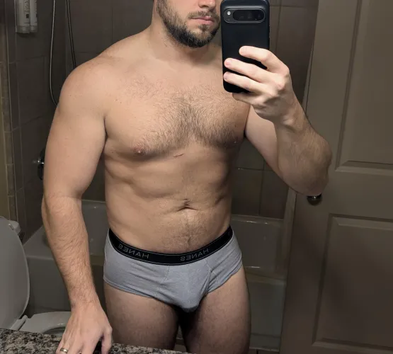 Hanes in a hotel bathroom