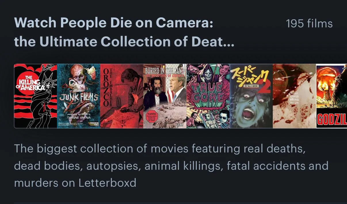 I’ve made the biggest collection of movies featuring real-life death footage on Letterboxd. Go check it out!