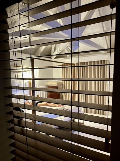 The hotel manager’s upgraded us to a suite that seems specially designed for cuck couples. Just take a look at the view from the bathroom. Cuck will quickly find his place behind these Roman blinds as soon as I bring in a hot stud.