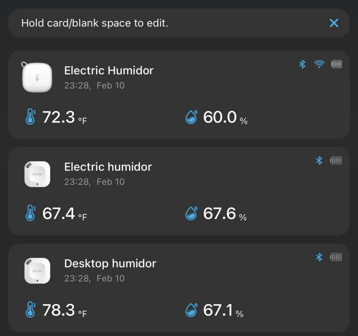 Top shelf in my humidor always drops to about 60 in humidity at midnight and in a couple hours hits 62 again