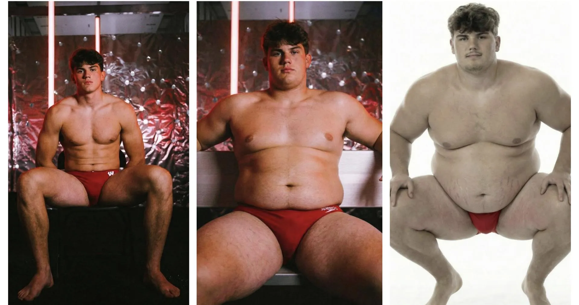 2023 --> 2025 --> 2026: College football tight end and former state track & field champion continues the running joke of joining part of the swim team's media day. Aka we get to see the beginnings of a newly fat man