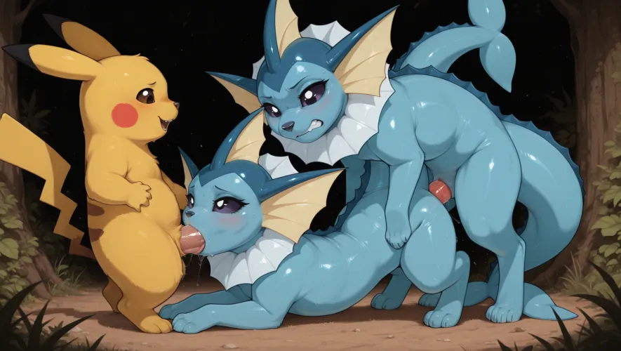 Pikachu helping out a Vaporeon couple