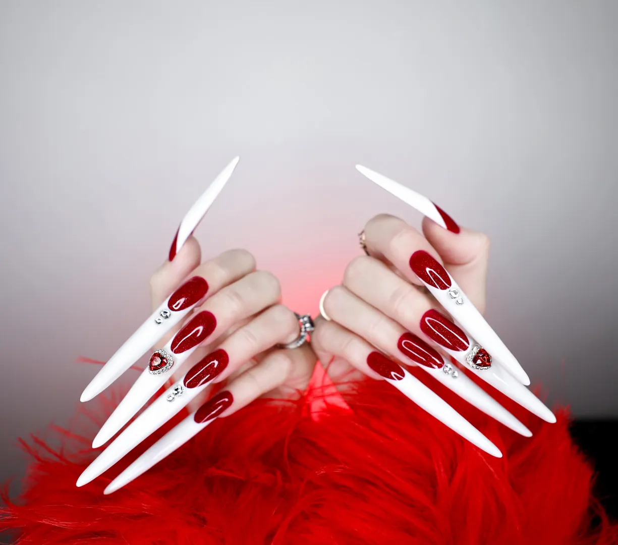 I like red combined with white on long nails