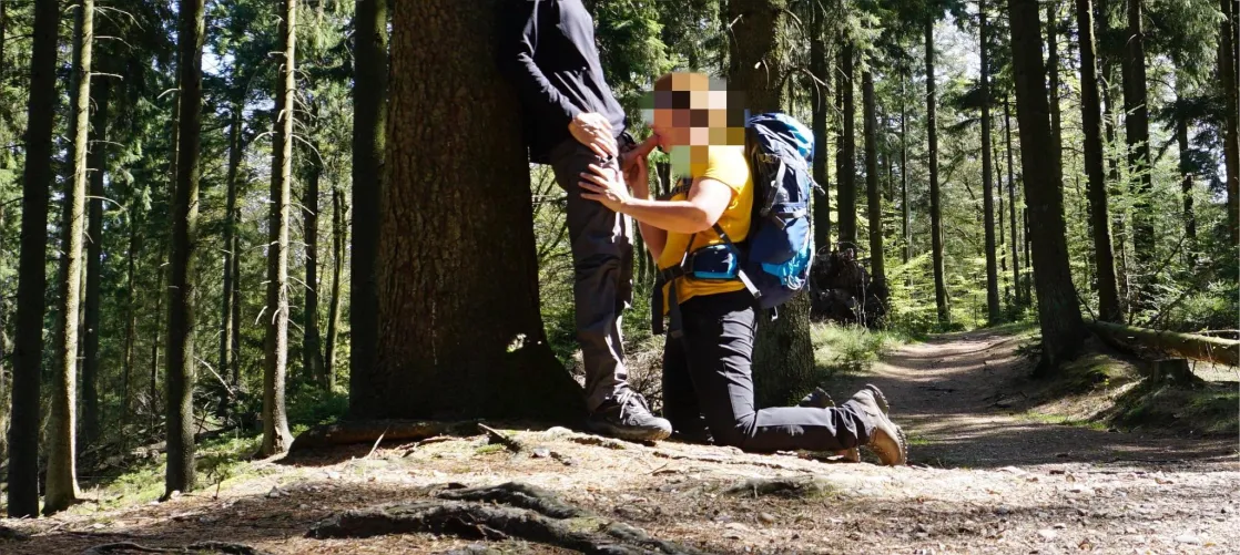 We meet a young man on a hiking trip. She went down on him and took his big cock and cum. I was told to sit and watch her enjoy a real cock. My cage was almost bursting