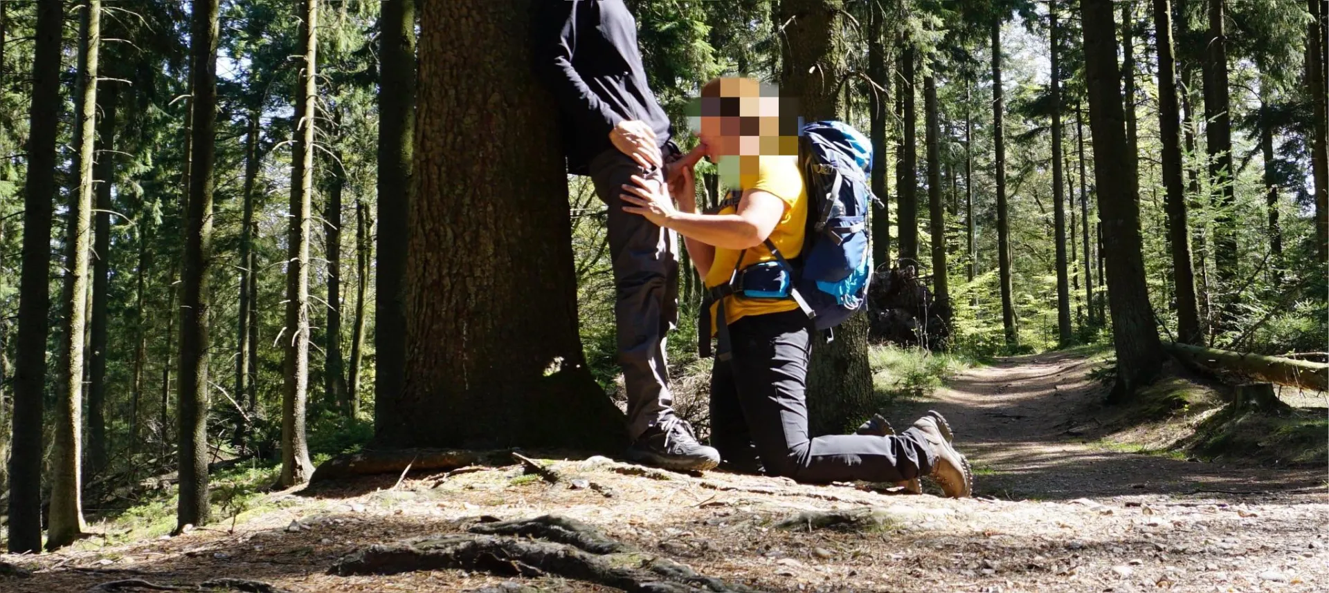 We meet a young man on a hiking trip. She went down on him and took his big cock and cum. I was told to sit and watch her enjoy a real cock. My cage was almost bursting