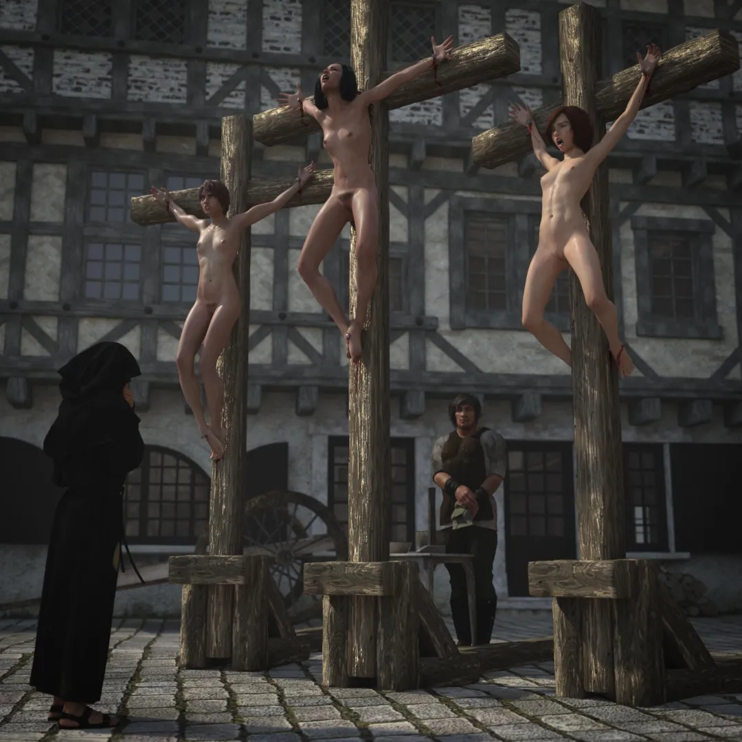 These women have been crucified in town square for various crimes. Their feet were nailed in various methods to see which one of these women will survive the longest. Which one of them will die first?