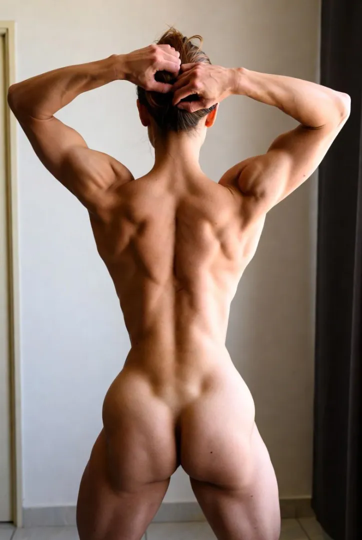 A female bodybuilder poses in a room, emphasizing her muscular physique in a natural light setting.