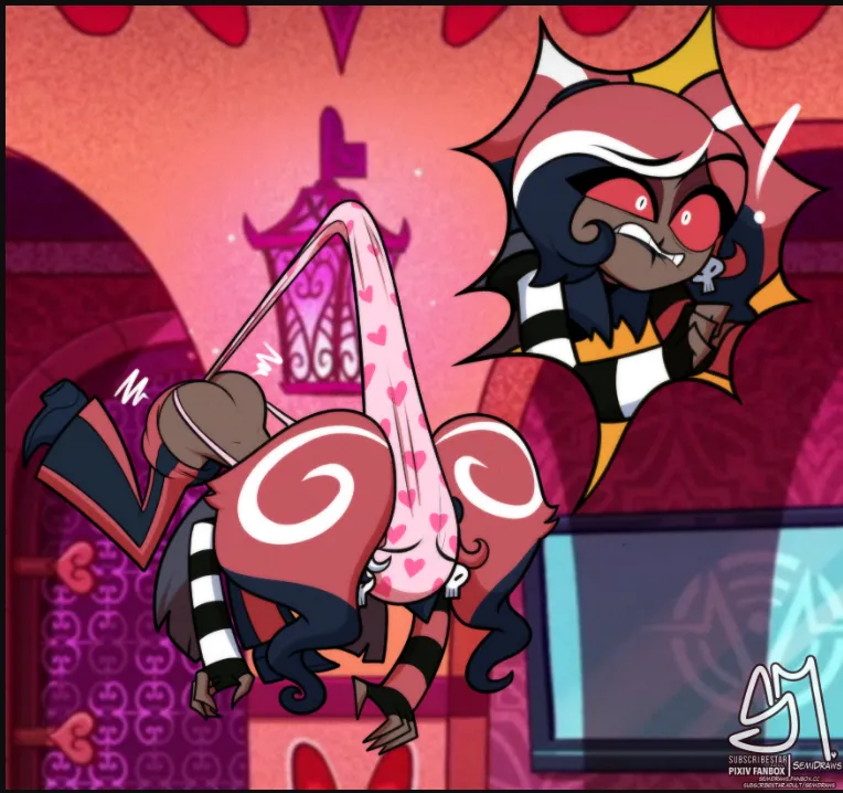 hazbin hotel veveltte trapped in some kind of wedgie hanging with her dark butt exposed possibly it was rosie or carmilla who do you think it was