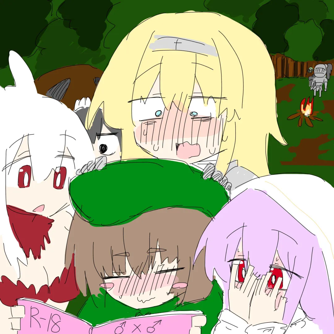 Elma showing off her hardcore GAY erotica book to the holy forest girls, colorized