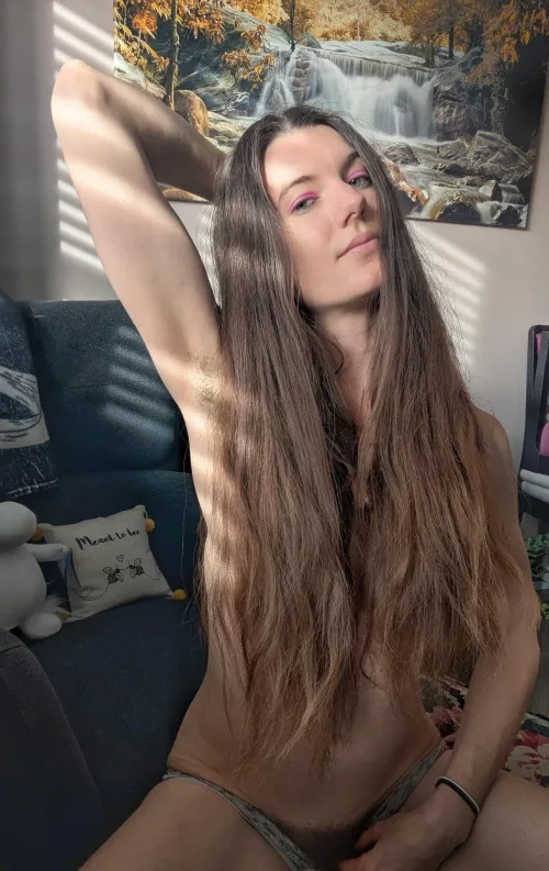 Long thick dark hair covers many places x