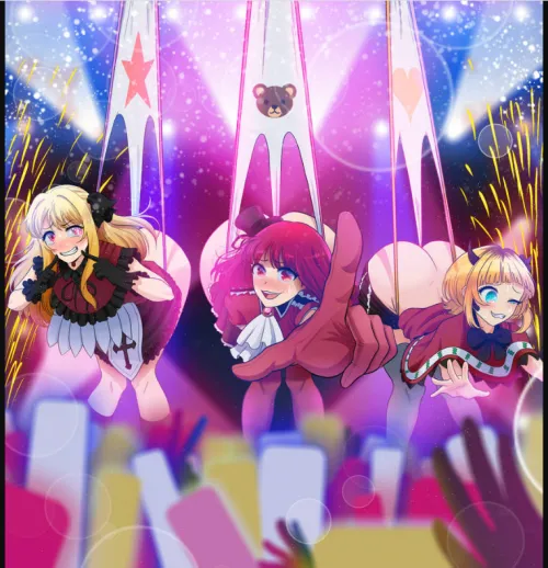 Ruby, Kana, and Mem-cho receiving a humiliating performance at an idol concert while fans watch (Midra).