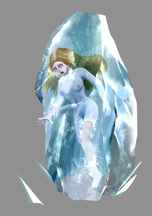 Woman frozen by a cryogenic bomb. Drawing by insanerator.