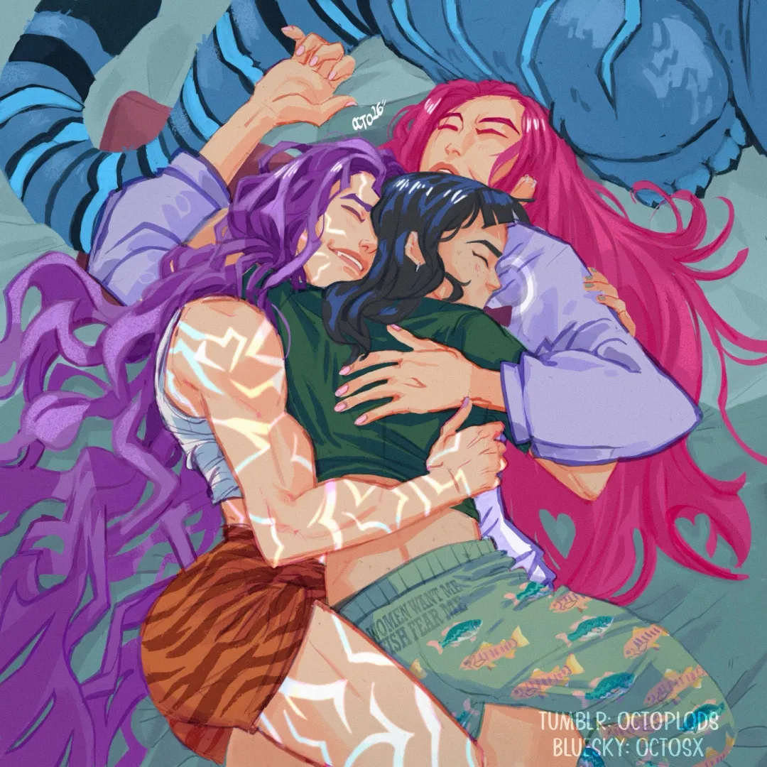 Rumi, Zoey & Mira having valentines cuddles (@octosx/octoplods) [Kpop Demon Hunters]