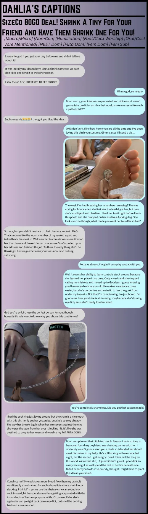 SizeCo BOGO Deal! Shrink A Tiny For Your Friend And Have Them Shrink One For You! [Macro/Micro] [Non-Con] [Humiliation] [Foot/Cock Worship] [Oral/Cock Vore Mentioned] [NEET Dom] [Futa Dom] [Fem Dom] [Fem Sub]