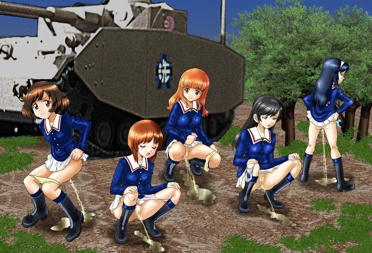 Girls und panzer Ōarai Girls' Academy peeing next to there tank