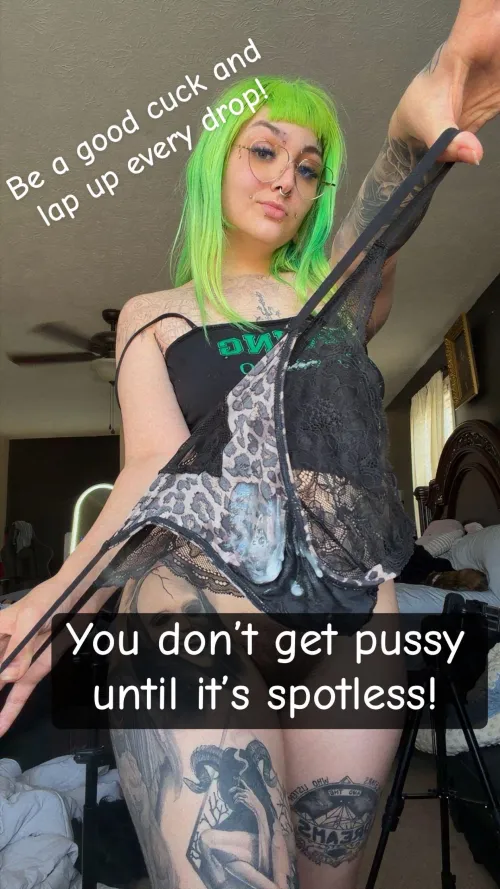 Your girlfriend brought home a sticky load for you to devour! How kind of me. No pussy until it’s spotless