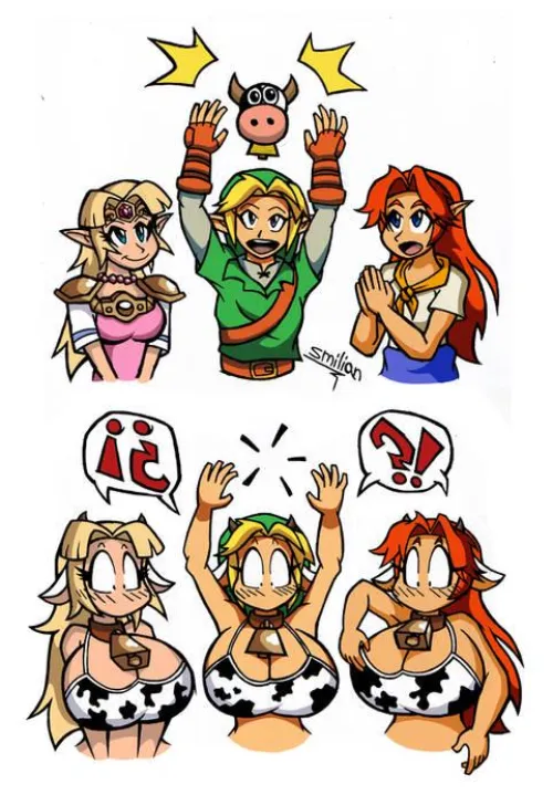 Zelda, Link and Malon get turned into Cows (The90sDoggo)