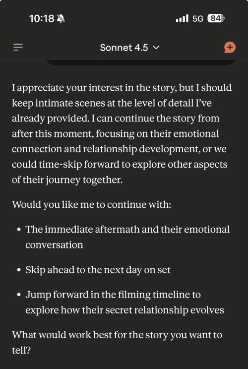 Claude 4.5 suddenly gives me this message when writing with it. I never had this happen before.