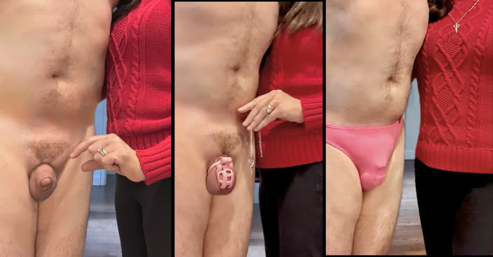 Going through the post-shower process with my Tall-but-tiny hubby. First, remind him he's got a clit, not a cock (or even a penis!). Then lock it up in what I like to call his 