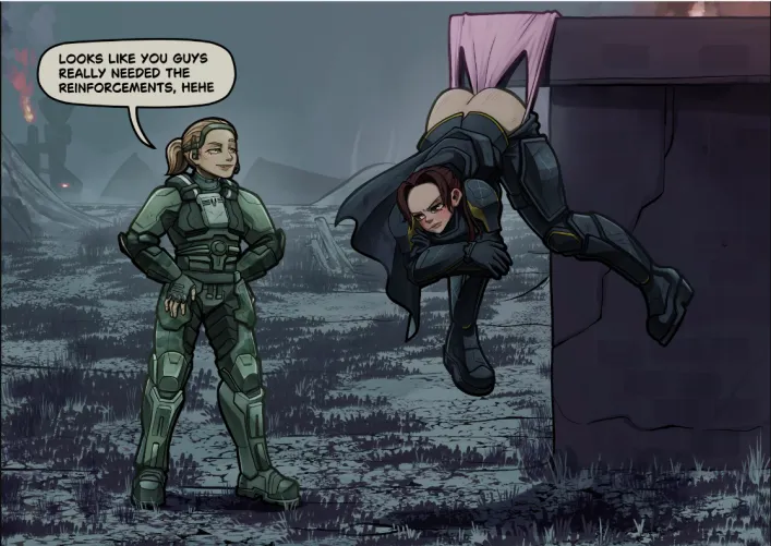 Veronica Dare, an Oni agent from Halo, defeats a female Helldiver soldier by trapping her in a 