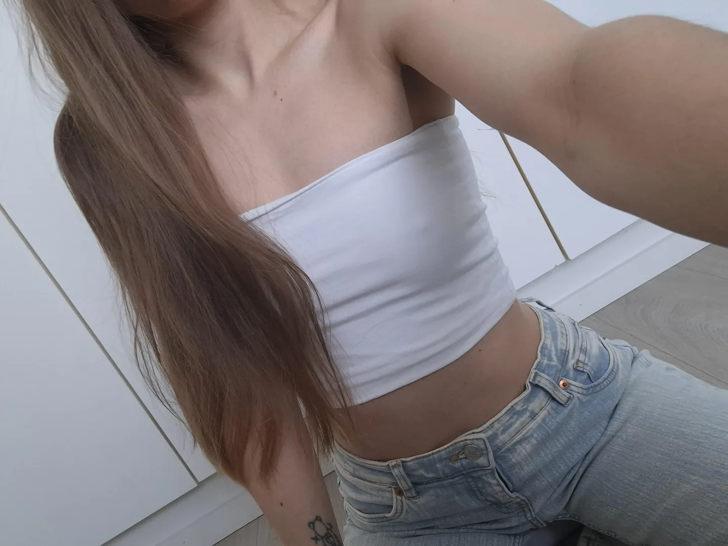 Petite with no bra and long hair