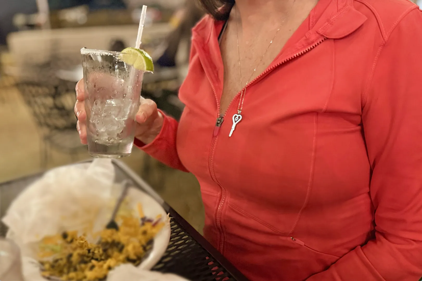 At dinner with my Tall-but-tiny hubby - hoping someone will ask me about my key so I can let them know what it's for... and why! 