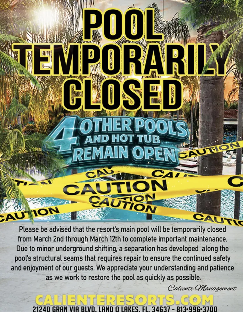 Large pool closed (cold anyways) 3/2-3/12