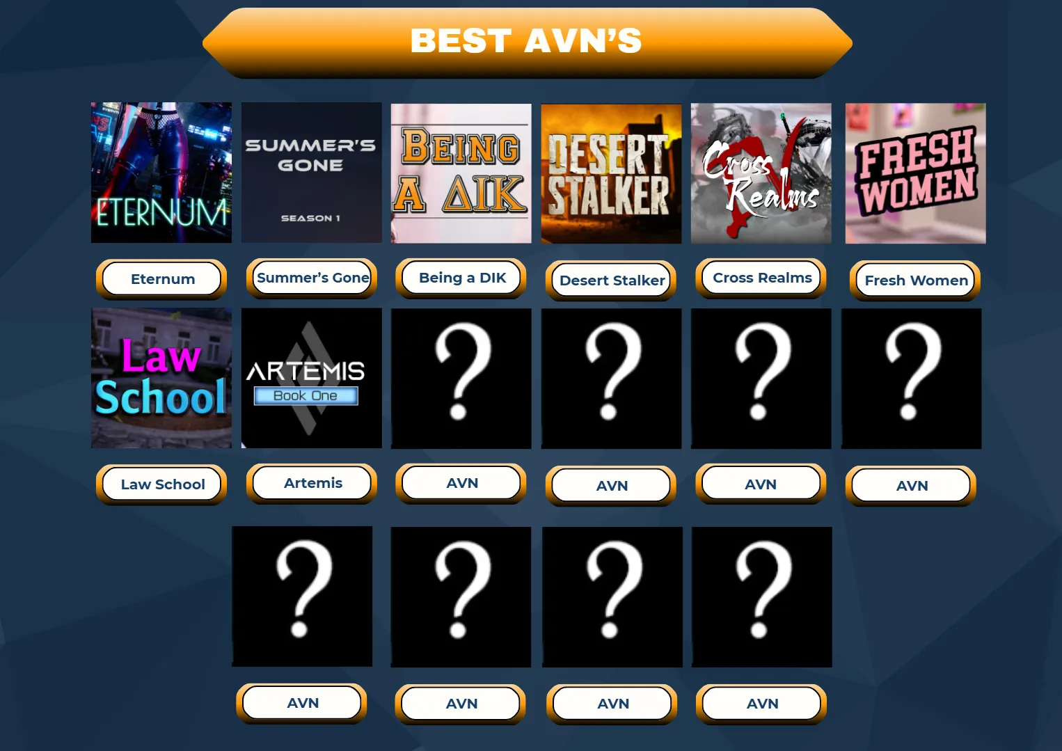 Brothers, who do y'all think deserves to Fill the 8 Placements for the BEST AVN's? and do y'all agree with the first 8 AVN's? or is there something that I should remove from the list?