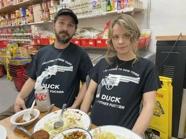 Dasha Nekrosova aka Lady Joker and Shia LaBeouf aka Lady Puncher looking like they stank