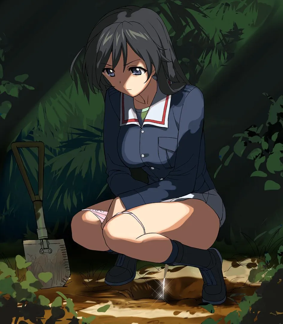 Girls und panzer Hana Isuzu peeing in a hole she dug behind the bushes