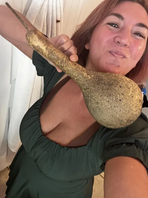 Me (top right) and my finest birdhouse gourd. I love growing gourds. <3