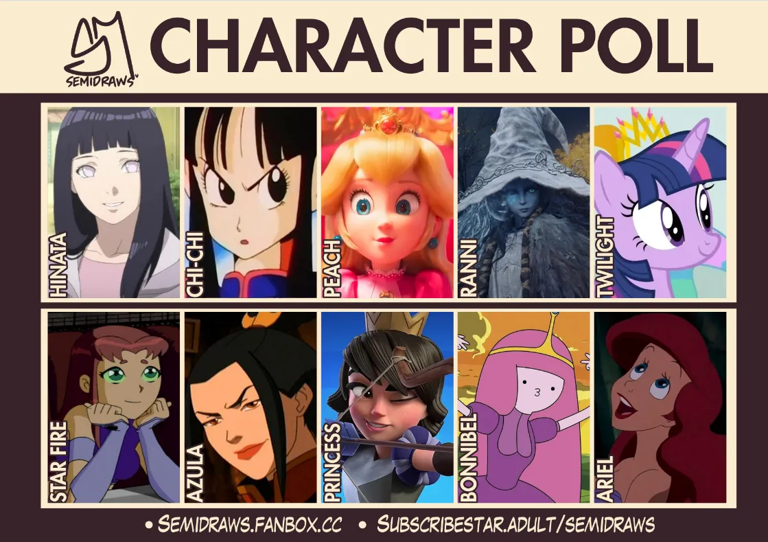 semidraws character poll new characters to choose from are hinata hyuga, chi-chi, princess peach. ranni eldeng ring, twilight sparkle pony, starfire, azula, princess clash royale, bonnibel princess and princess ariel siren which one do you prefer