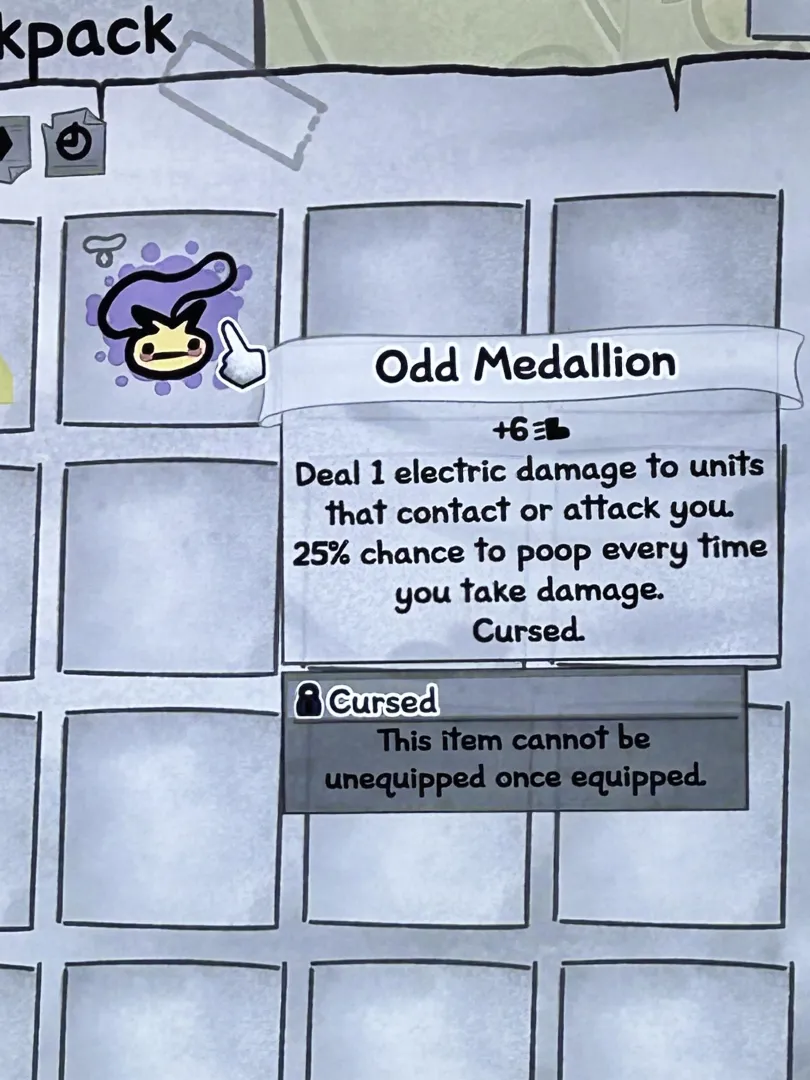 Sonichu Medallion in Mewgenics. Cursed Item Causes You to Poop 25% of the Time You Take Damage.