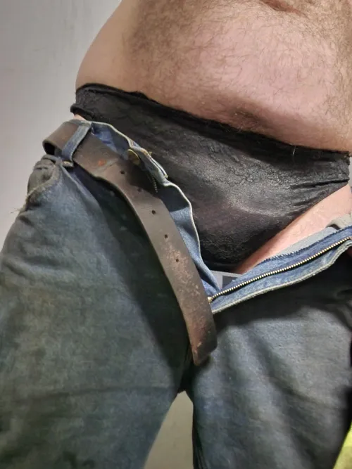 Black thong under my work jeans