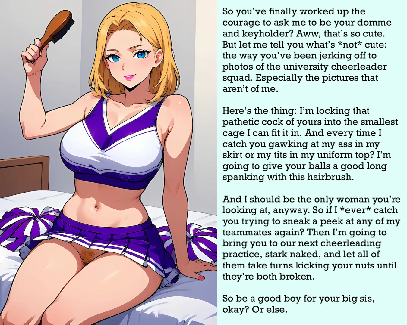 She'll be your keyholder, but she's not happy with you jerking off to her teammates… [AI Image] (punishment81 on ImageFap)