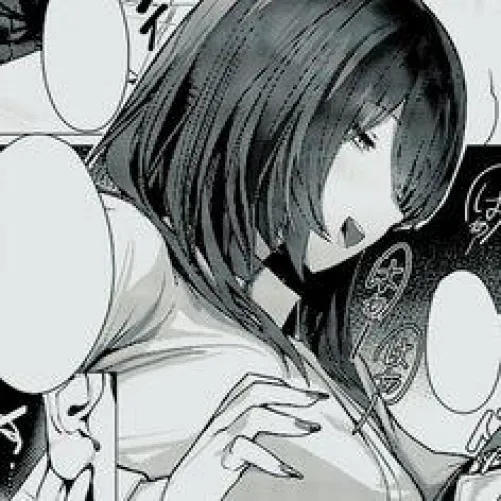 LF mono source: 1girl, eye covering bang, painted nails, no text, speech bubbles, mouth open, ear, black hair, short hair