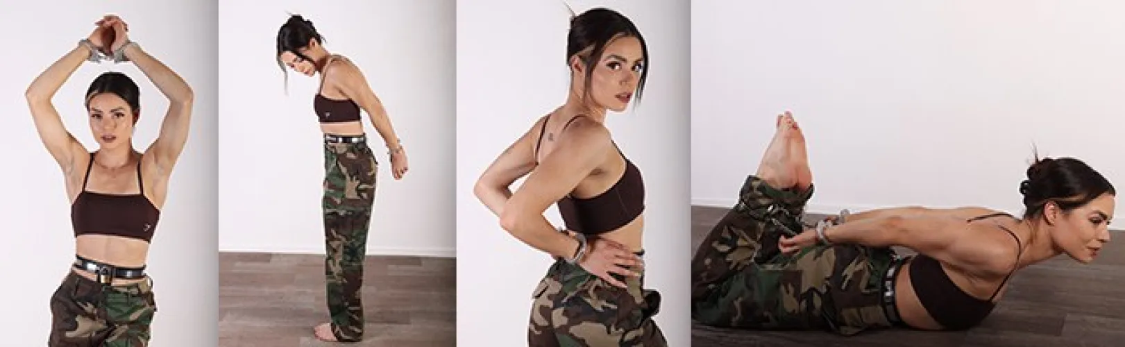 Army girl River gets cuffed behind her back and hogcuffed