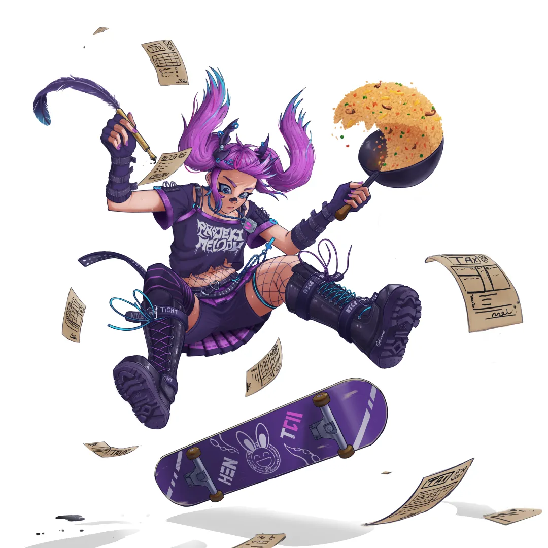 I drew projekt melody doing her taxes and cooking fried rice while doing a sick kickflip.