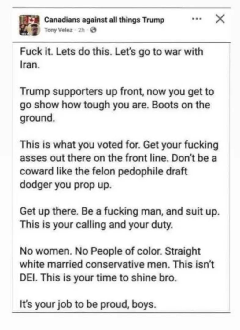 To all the Trump supporters out there, you have talked the talk, now it's your time to walk the walk. Show your support for your ped0 President. Get to the front line for the war against Iran!