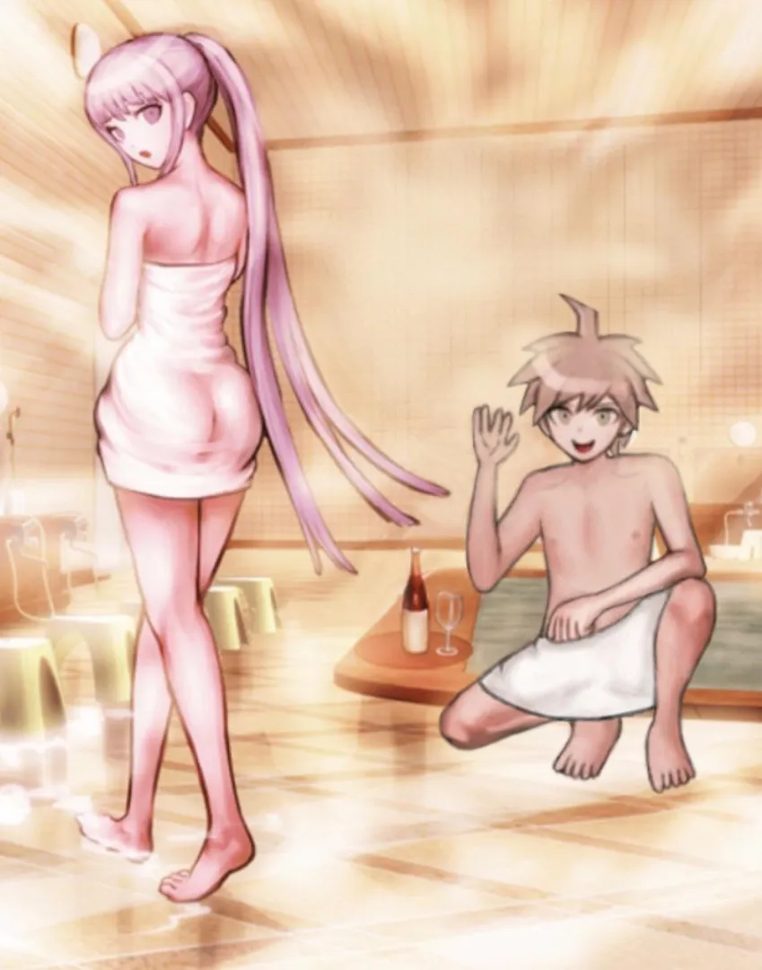 Kyoko and Makoto bathing together in the bathhouse