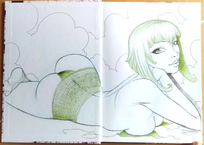 Sexy pinup drawing in ballpoint pen black and green