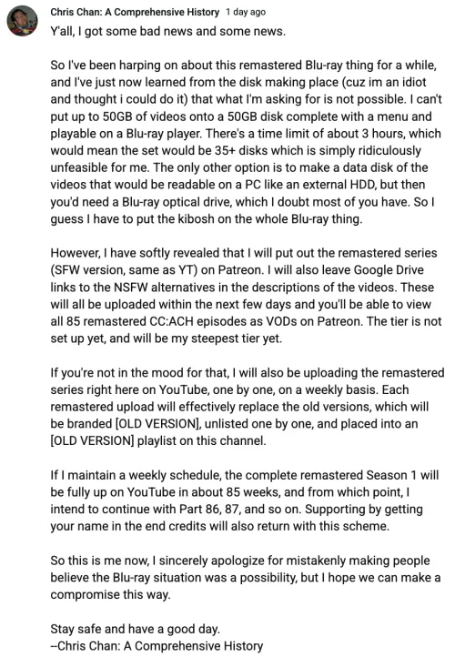 Geno Cancels CC:ACH Blu-ray; Promises to Begin Uploading Jail Saga Episodes After Remastered Series Is Fully Uploaded